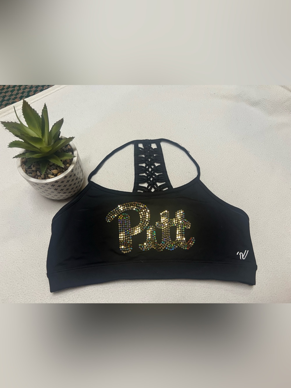 Women’s Black Sequin ‘Pout’ Sports Bra with Decorative Back